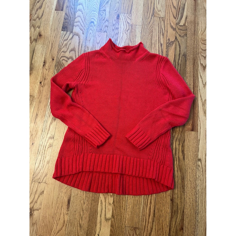 J.Crew Always Red Cotton Mock Neck Shaker Stitch Sweater Small High Low Hem
